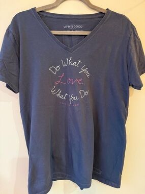 Life Is Good Navy Short-Sleeve V-Neck Tee with Pink Script